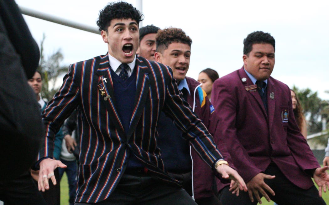 A student leads a haka to acknowledge the local authorities and the wider community who came out to support the march.
