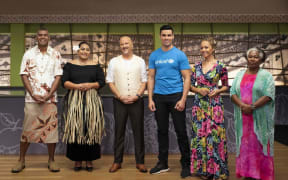 Pacific Island Food Revolution co-hosts: Dr Jone Hawea (Fiji), Fololeni Curr (Tonga), show host Robert Oliver, Pita Taufatofua (UNICEF), Dora Rossi (Samoa), and Voutausi Mackenzie-Reur (Vanuatu).