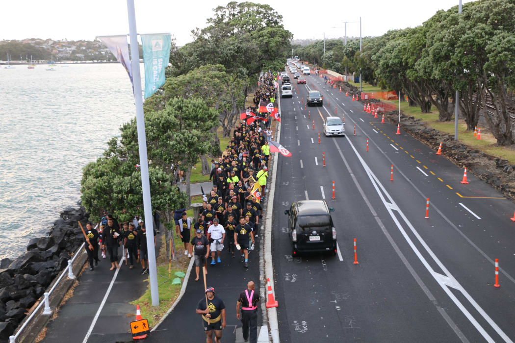 About 300 Ngāti Whātua Ōrākei iwi members marched from Ōrākei Marae to the Auckland High Court on 9 February, 2021.