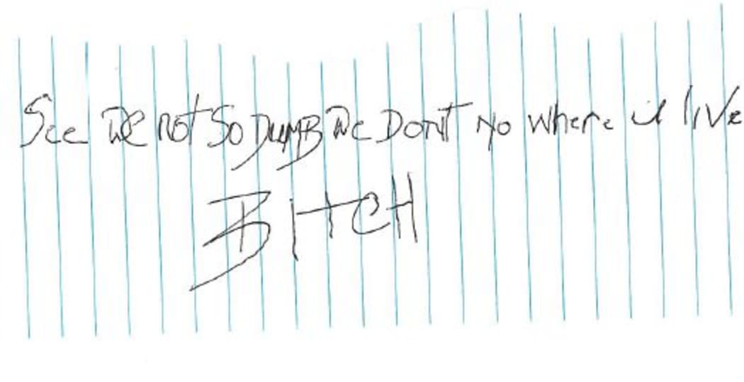 The note Rachel Stewart says she received in her mailbox.