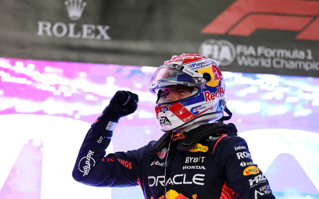 Max Verstappen of the Netherlands driving the Oracle Red Bull Racing celebrates in Qatar, 2023.