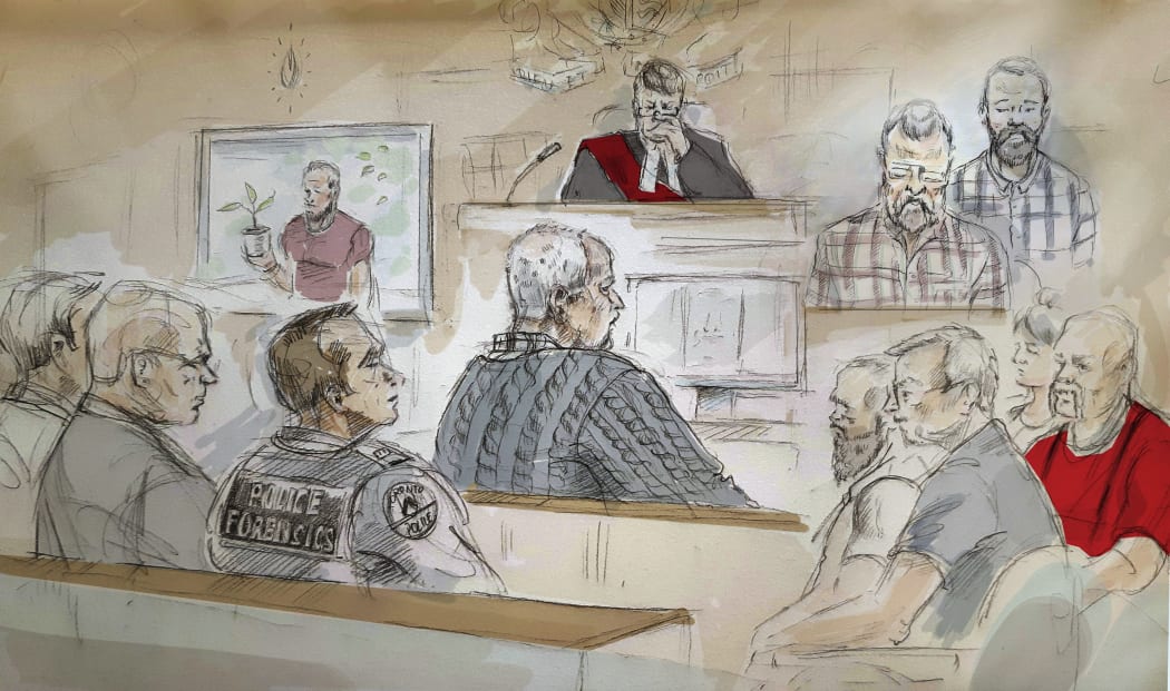 In this artist's sketch, serial killer Bruce McArthur, centre, attends his sentencing hearing in Toronto on Monday, Feb. 4, 2019.