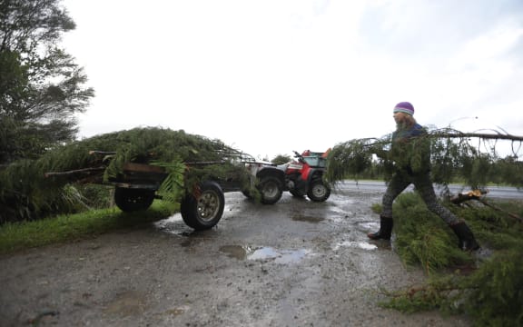 The Crickett family are cleaning up trees that came down as a result of former tropical cyclone Gita on Fairdown Road south of Waimangaroa.