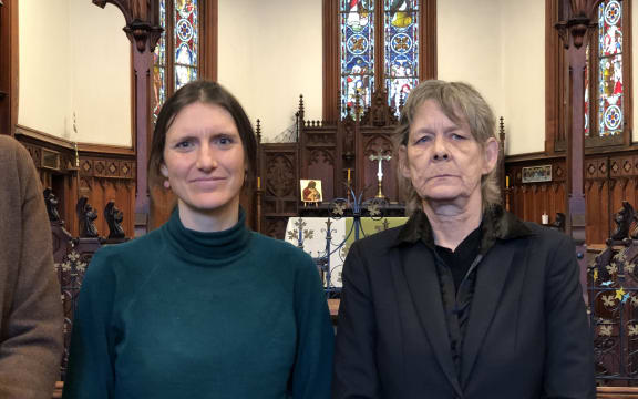 Kate Day of Common Grace, pictured with Debbie Leyland at the launch of a petition to eliminate the power disconnection fees which can add to the debt burden of people struggling and in poverty.