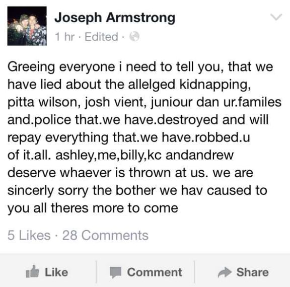 The post which appeared on Joseph Armstrong's Facebook page on Sunday night.