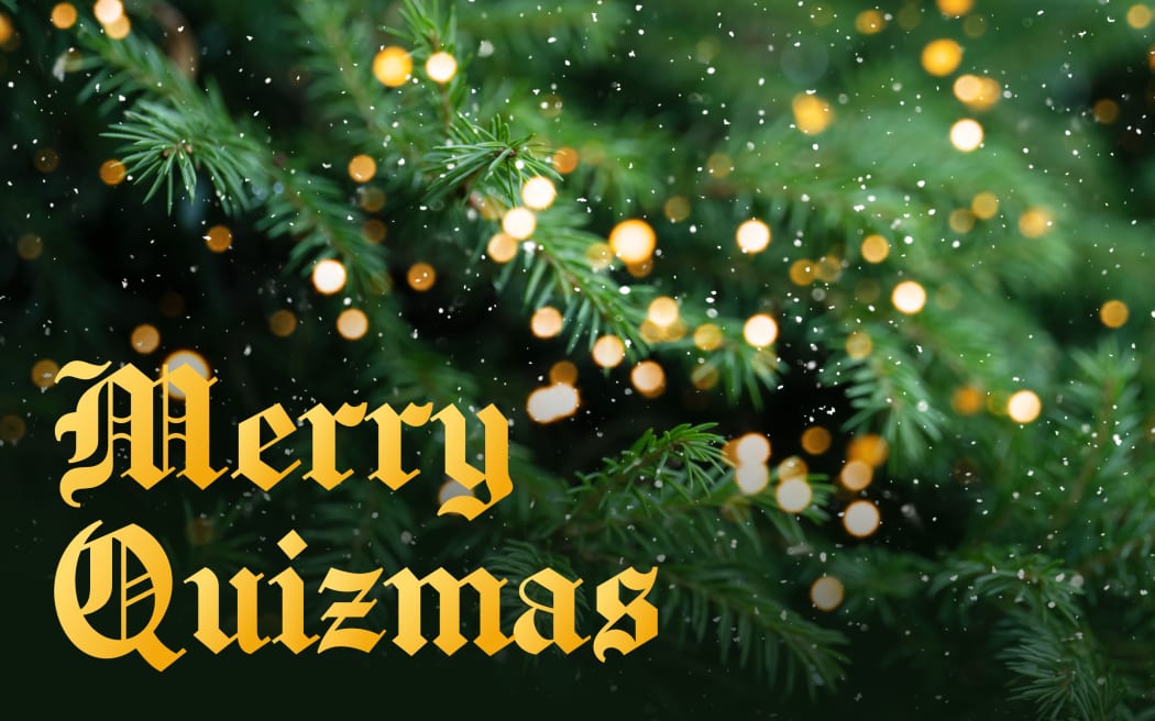 A close up of a Christmas tree speckled with shining lights. Text reads "Merry Quizmas"