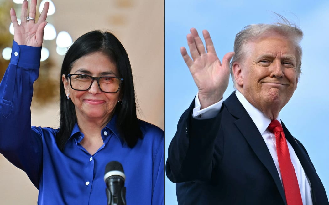 Venezuela's interim President Delcy Rodriguez waves after a press conference at the Miraflores Presidential Palace in Caracas on January 14, 2026, and US President Donald Trump waves as he boards Air Force One at Joint Base Andrews, Maryland, on September 11, 2025.