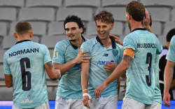 Auckland FC’s Matt Ellis celebrates his goal with team mates during their OFC Pro League final against South Melbourne, at Eden Park, Auckland, 24 May, 2026. 
© Andrew Cornaga / Photosport