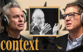 Guyon Espiner is wearing headphones positioned on the left of the image looking to the right. Corin Dann is wearing headphones on the right of the image looking towards the left. In the middle of the image is a yellow square featuring a picture of Sir Robert Muldoon. In the bottom left hand corner is the logo for the podcast series 'Context' in mustard yellow.