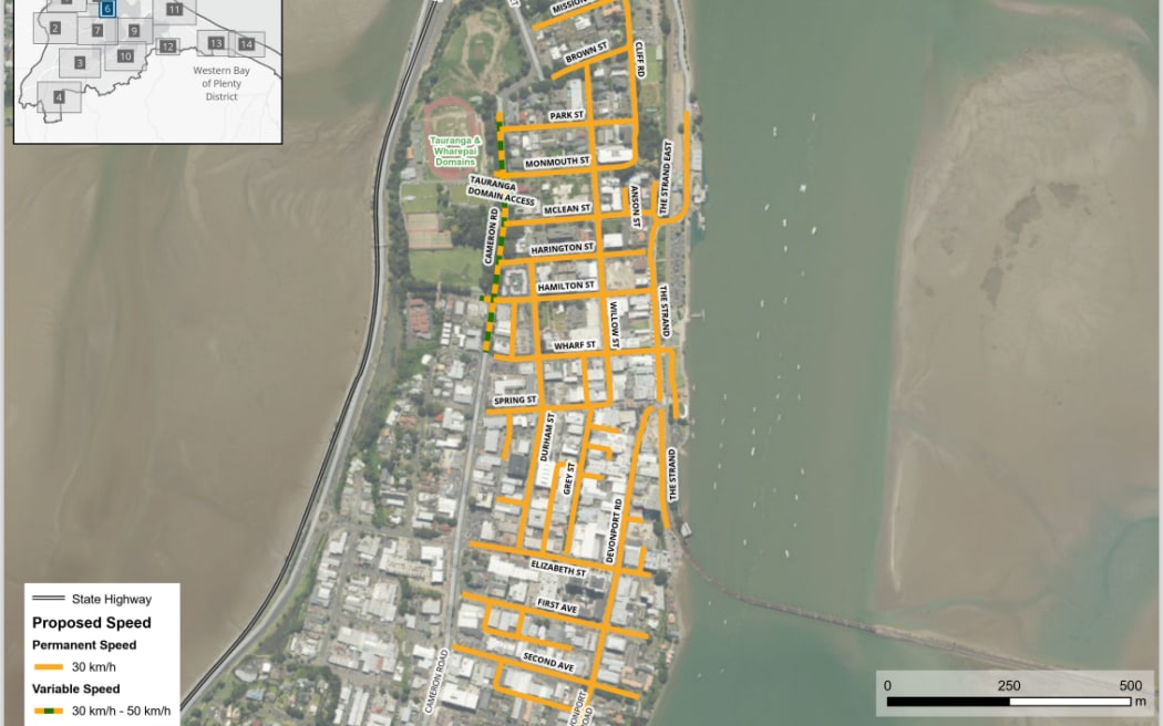 A map showing proposed permanent speed reductions in Tauranga.