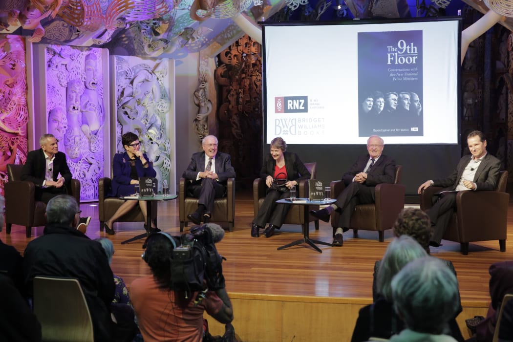 Guyon Espiner, Dame Jenny Shipley, Sir Geoffrey Palmer, Helen Clark, Jim Bolger and Tim Watkin at The 9th Floor book launch, Te Papa, Wellington