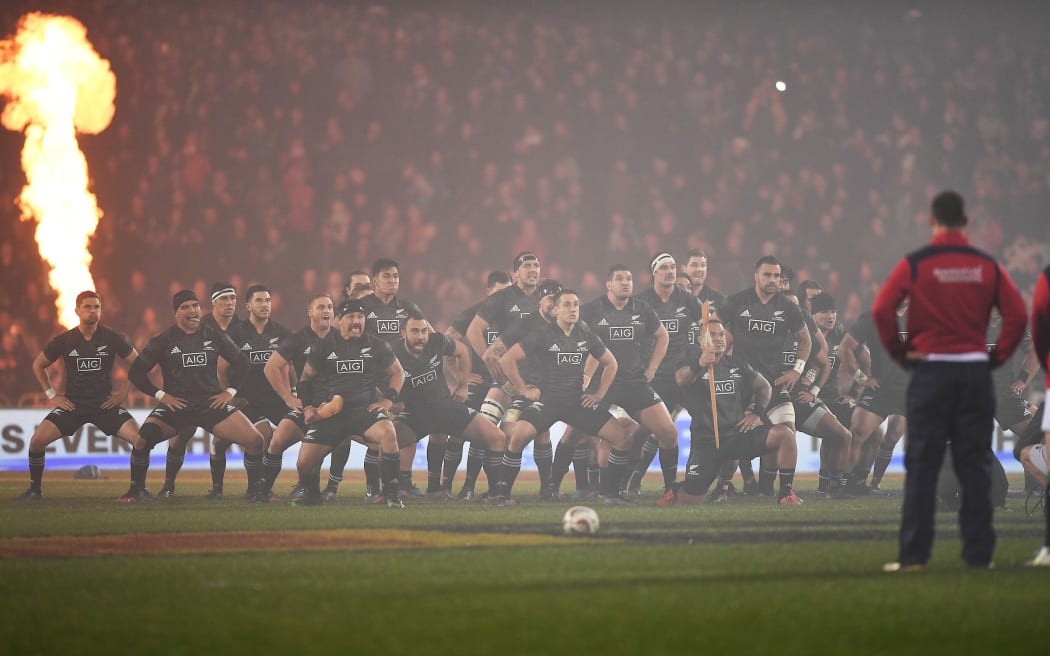 The Māori All Blacks perform their haka before the game.