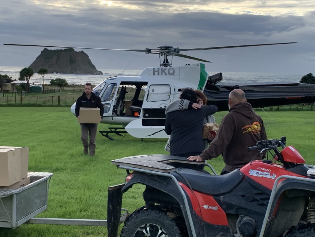 Emergency Management Minister Kiritapu Allan was on board a helicopter delivering essential supplies to communities in Nuiti, Te Puia Springs, Waikura and Oweka after the East Coast flooding.