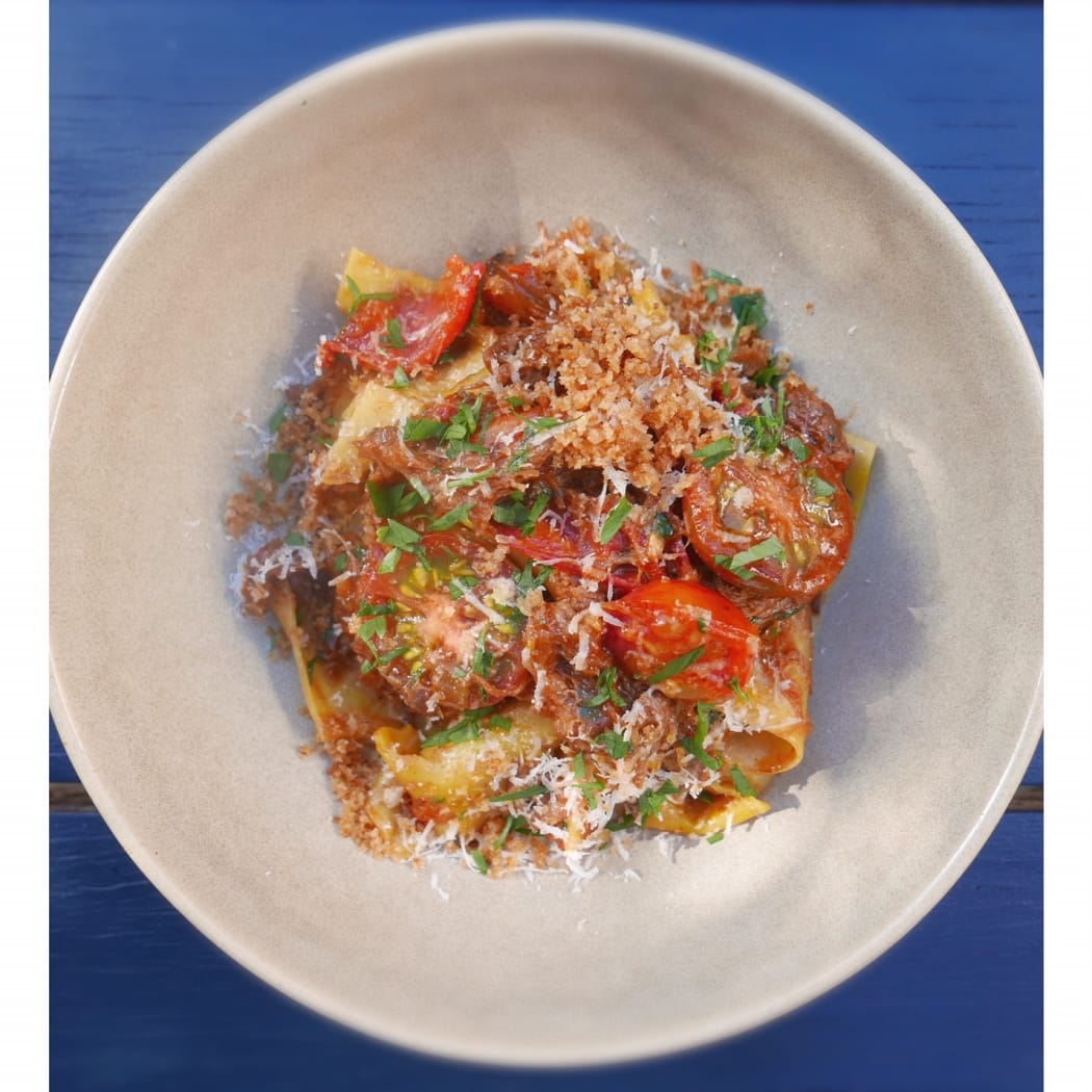 Braised rabbit pappardelle with tomatoes & leek by Dariush Lolaiy