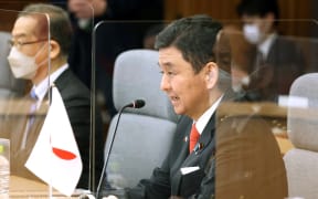 Japanese Defense Minister Nobuo Kishi holls a meeting with his Philippine counterpart Delfin Lorenzana at the Defense Ministry in Shinjuku Ward, Tokyo on April 7, 2022.