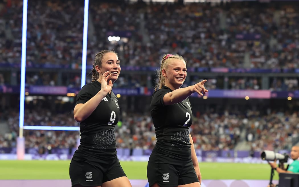 Jazmin Felix-Hotham and Jorja Miller after New Zealand Black Ferns Sevens v  Peoples Republic of China, Rugby Sevens - Women’s Quarter final match, Paris Olympics at Stade de France, Paris, France on Thursday 29 July 2024. 
Photo credit: Iain McGregor / www.photosport.nz