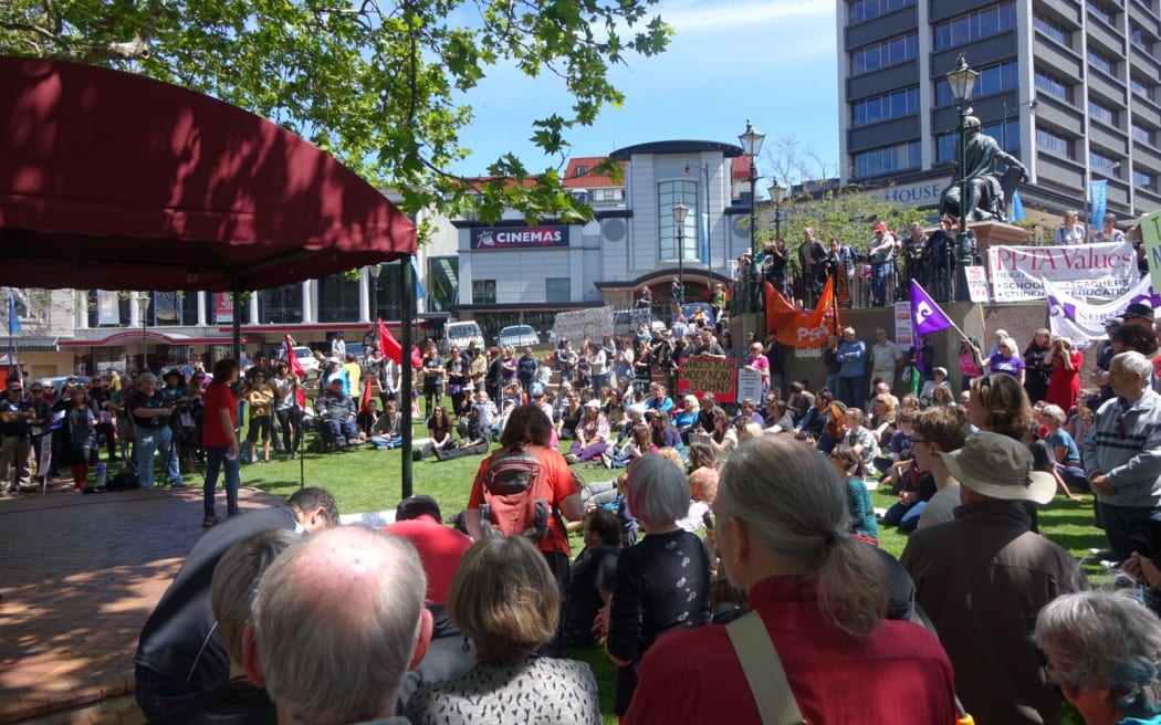 About 400 people attended the rally against the TPPA in Dunedin.