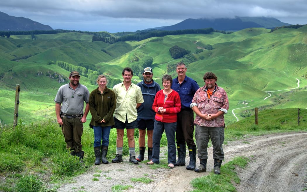 Farm staff, from left, Daniel Hodson, Bronwyn Edwards, Kevin Kelly, Colin Mead, Catherine and John Ford, and George Bulled.