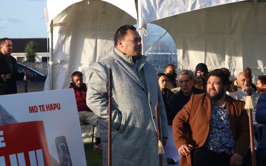 Ngāpuhi chairman Mane Tahere speaks during a rally in Kaikohe.
