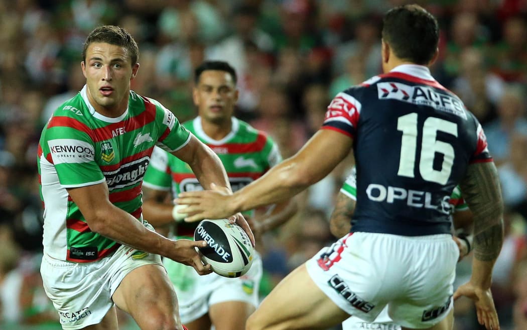 Sam Burgess takes on Sonny Bill Williams. Roosters v Rabbitohs. NRL rugby league match. 2013.