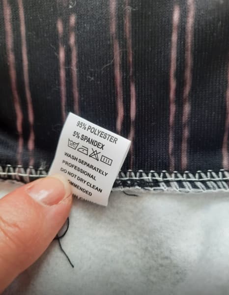Polyester fabric label on the clothing bought online.