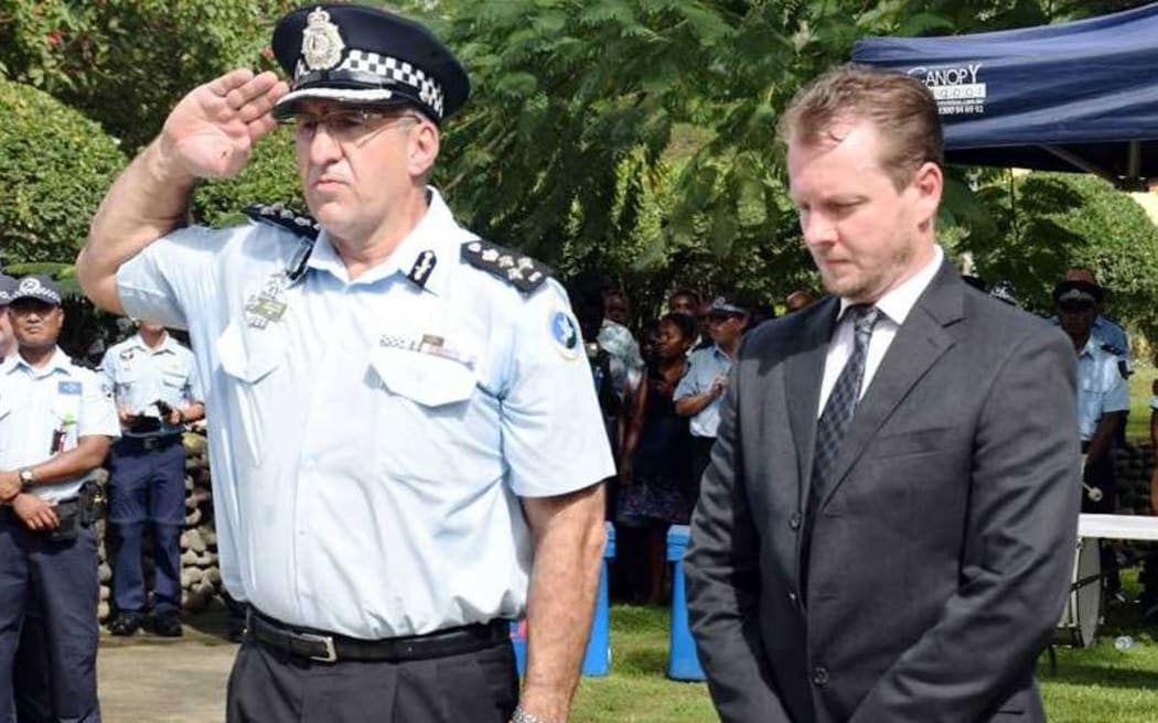 RAMSI PPF Commander, John Tanti (left) and RAMSI Special Coordinator, Quinton Devlin at the memorial dedication