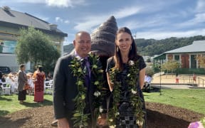 Cook Islands PM Mark Brown and New Zealand PM Jacinda Ardern at dedication of Te Reo Hotunui o Te Moana Nui a Kiwa, the Pacific Islands Memorial at Pukeahu.