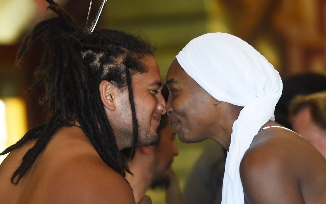 Venus Williams gets a hongi at Orakei Marae