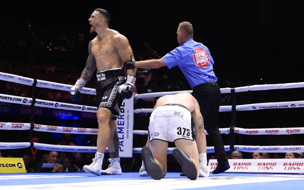 Sonny Bill Williams wins  the 'Turf War' Heavyweight bout between Sonny Bill Williams and Barry Hall at the Aware Super Theatre in Sydney, Wednesday, March 23, 2022.