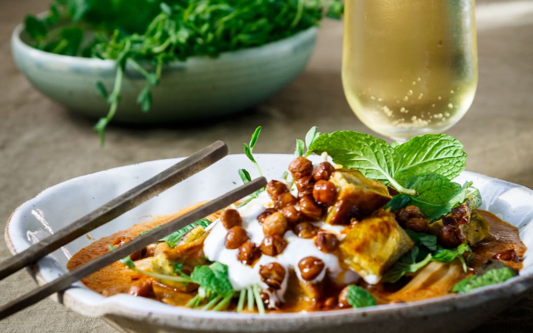 Roast Kumara, Coconut & Lime Laksa with Crispy Chilli Chickpeas