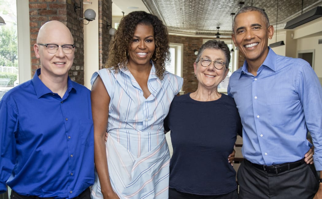 Steven Bognar, Michelle Obama, Julia Reichert and Barack Obama celebrate American Factory, the first release from the Obama’s production company Higher Ground.