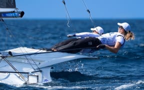 Jo Aleh and Molly Meech (New Zealand) - Medal race - 49er FX - Paris Olympics.