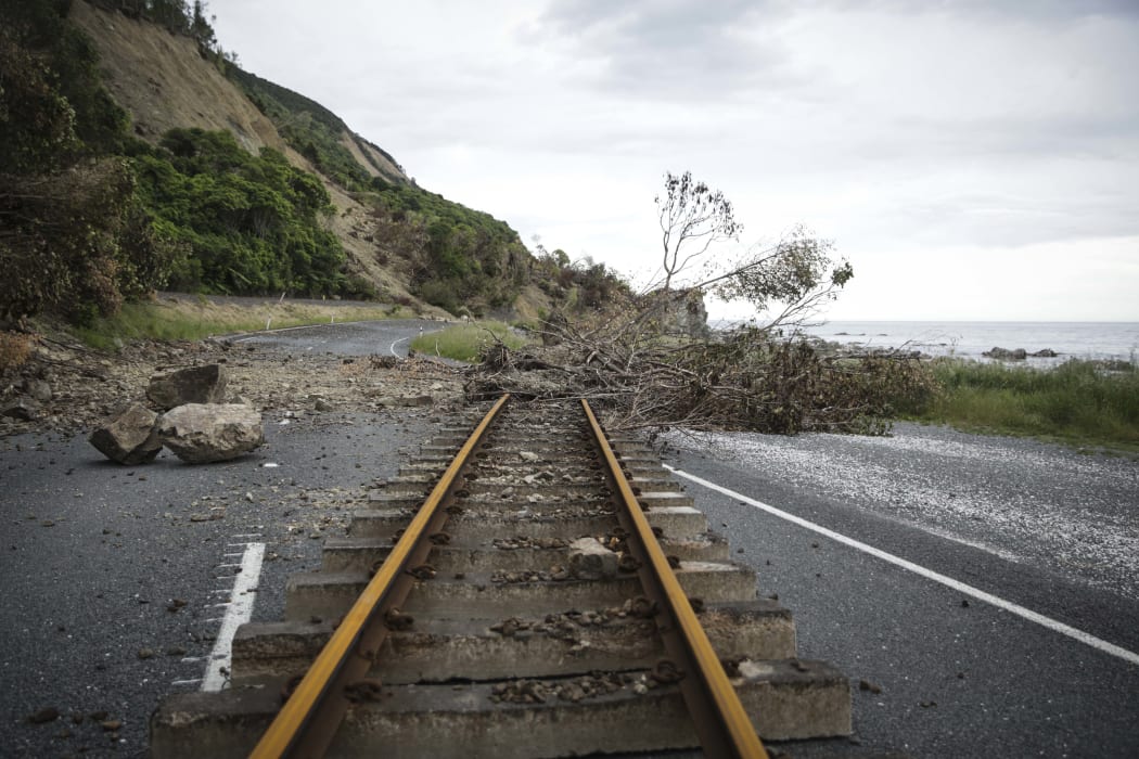 Railway tracks ripped from the line alond state highway 1 - north of Kaikoura