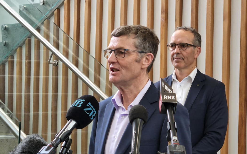 Transpower acting chief executive John Clarke and Transpower grid delivery manager Mark Ryall at a media conference on 1 August 2024 relating to the results of an investigation into the collapse of a power pylon in Northland.