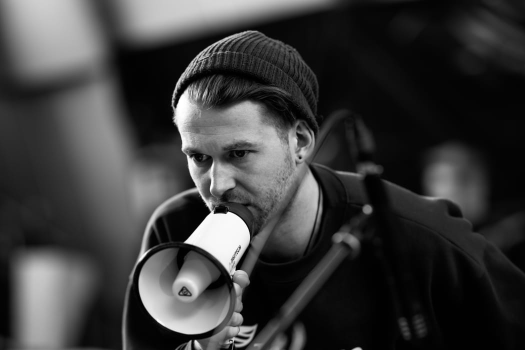 Actor Jack Buchanan rehearsing for Silo Theatre’s production of Live Live Cinema: Night of the Living Dead.