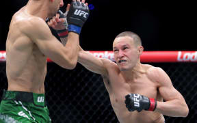 Kai Kara-France (right) of New Zealand and Steve Erceg of Australia during their Flyweight bout at UFC 305 at RAC Arena in Perth.