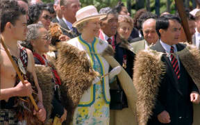 Queen Elizabeth is greeted by Māori elders at the Māori Arts and Crafts Institute in Whakarewarewa near Rotorua in November 1995