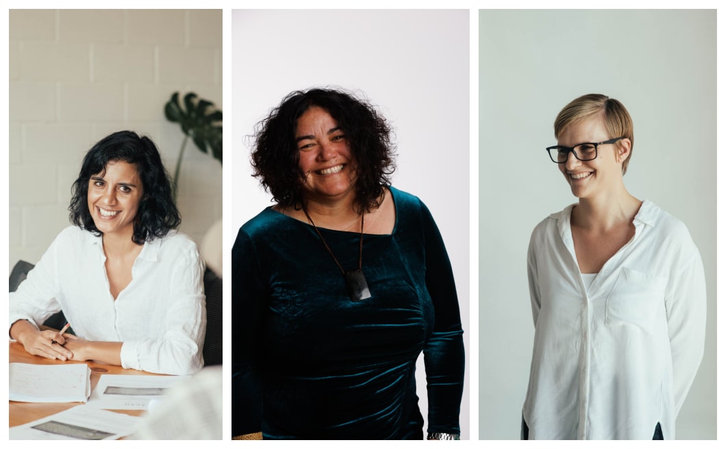 Ana Heremaia, Jo Walsh and Felicity Brenchley, director of Kaikohe's ĀKAU Studio