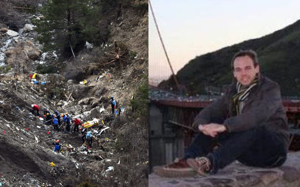 Search and rescue workers at the plane crash site (left) and co-pilot Andreas Lubitz.