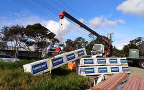 The crane truck near the power lines in Greenhithe in August 2023.