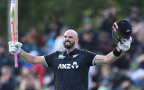 Daryl Mitchell of the Black Caps celebrates 100 runs during the 1st ODI cricket match, New Zealand Vs West Indies, Christchurch, 2025.