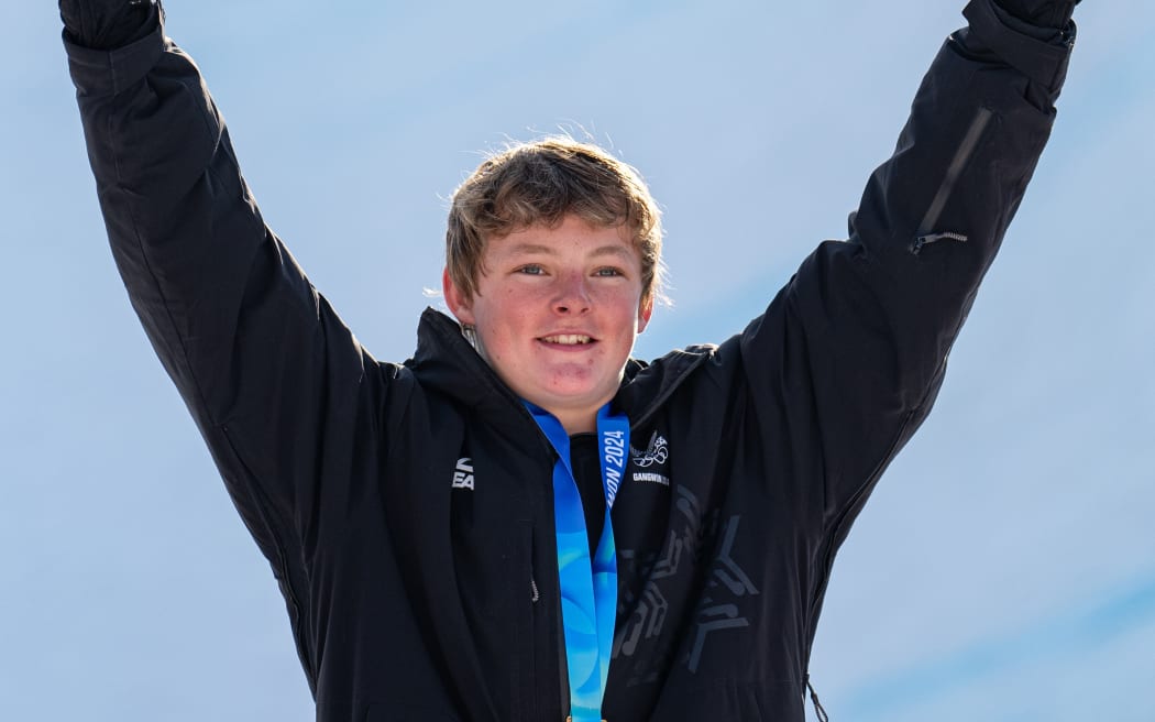 Gold medallist Luke Harrold of New Zealand celebrates on the podium during the Medal Ceremony of the Freestyle Skiing Men’s Freeski Halfpipe at the Winter Youth Olympic Games, South Korea, 2024.