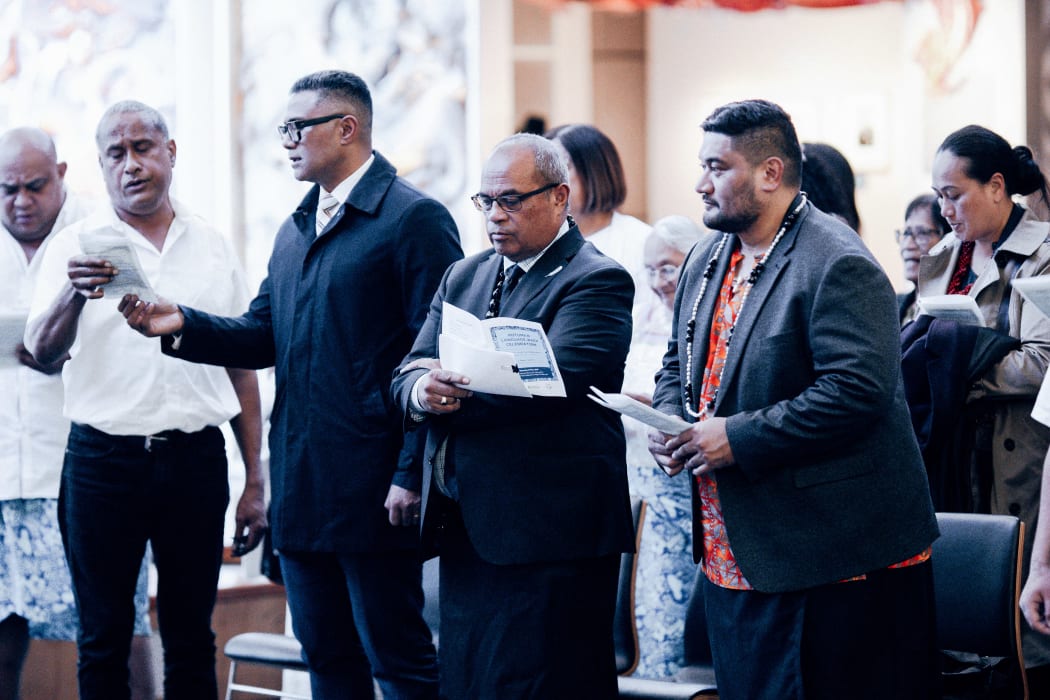 Minister for Pacific Peoples Aupito William Sio, second right, and his CEO Laulu Ma Leauanae, third right.