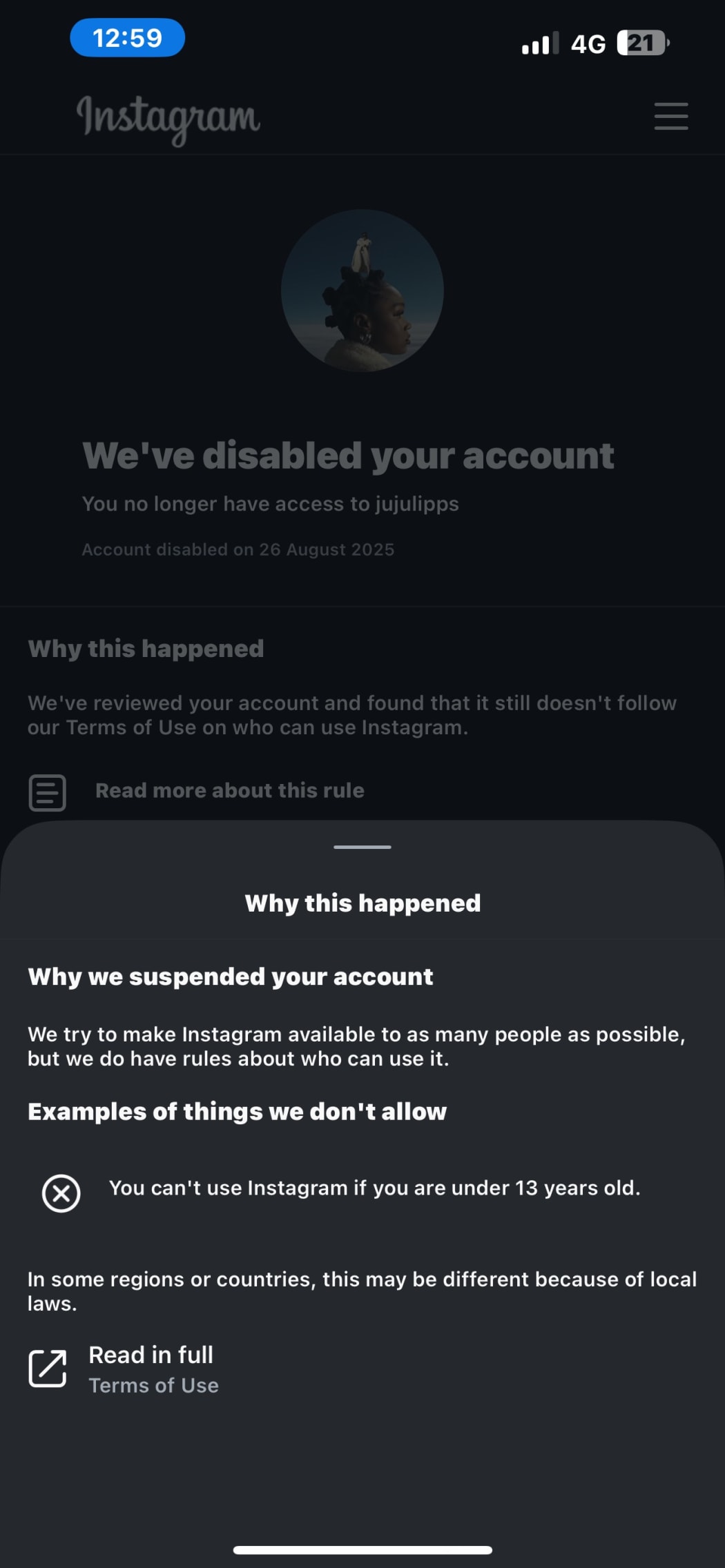 Jujulipps' Instagram account was suspended.