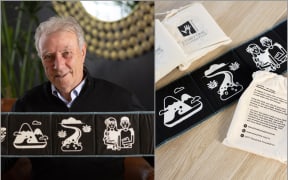 An image of Tony Culliney holding the Pepeha Cloth Book, and a close up of the book.