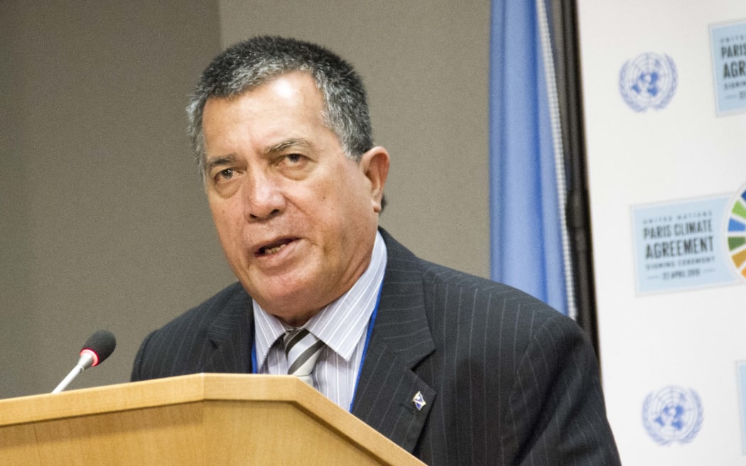 John Silk, Minister for Foreign Affairs of the Republic of the Marshall Islands, speaks at a press briefing of representatives from the "high ambition coaltion" gathered at UN Headquarters today for the historic signing of the Paris Agreement on Climate Change.