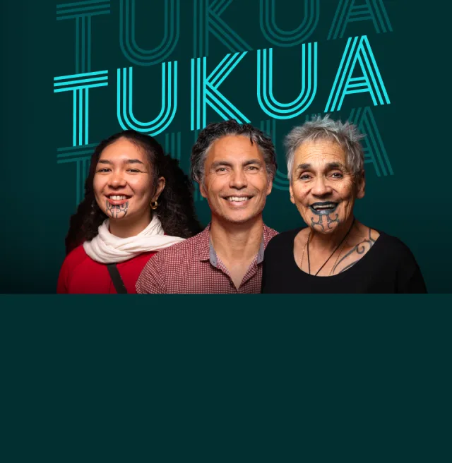 Image of Kura Turuwhenua, Brett Graham and Ngahuia Te Awekotuku smiling with te reo Maori word "Tukua" in neon blue behind them.