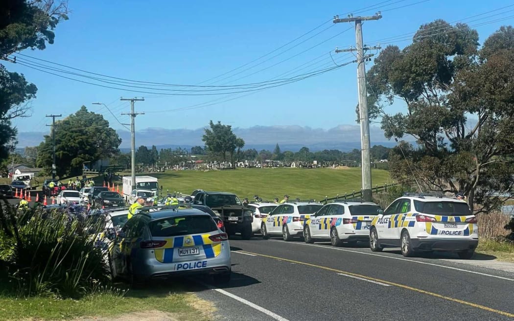 A large police presence is in the Bay of Plenty area, monitoring the tangi of a prominent Mongrel Mob member. Images taken on 28 November 2024.