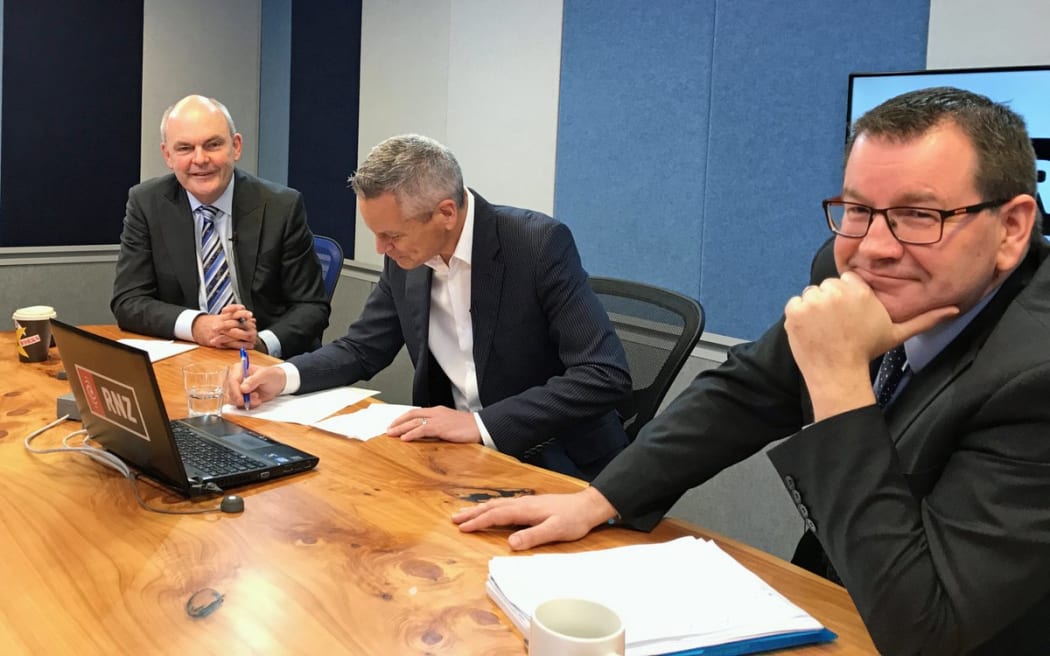 National's Steven Joyce, left, RNZ host Guyon Espiner, and Labour's Grant Robertson in Morning Report's Auckland studio.