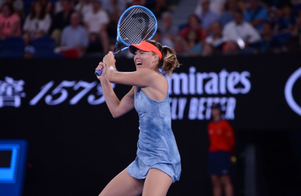 Maria Sharapova of Russia in action against Caroline Wozniacki of Denmark  January 18, 2019.